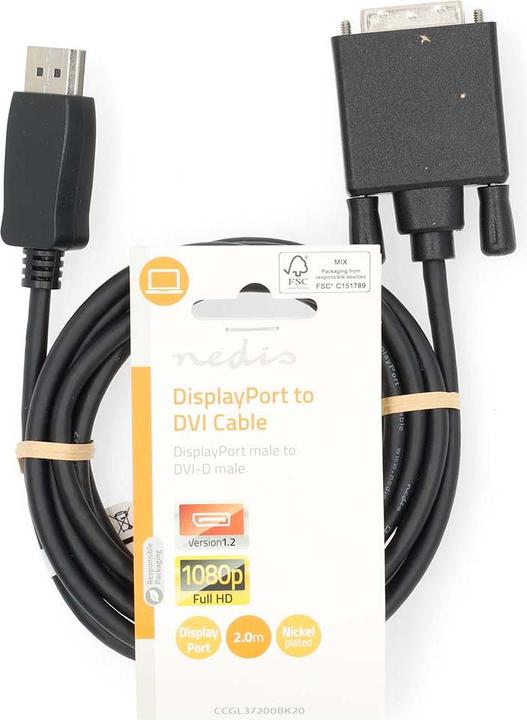 Actual product image Nedis DisplayPort cable | DisplayPort male | DVI-D 24+1-pin male | 1080p | Nickel-plated | 2.00 m (2 m)