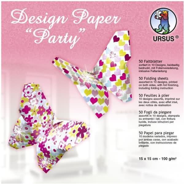 Ursus, Bastelpapier, Desinpapier Faltblätter 'Party' 100g/qm 15x15cm VE=50 Blatt sortiert 10 Designs (100 g/m², 50 x)