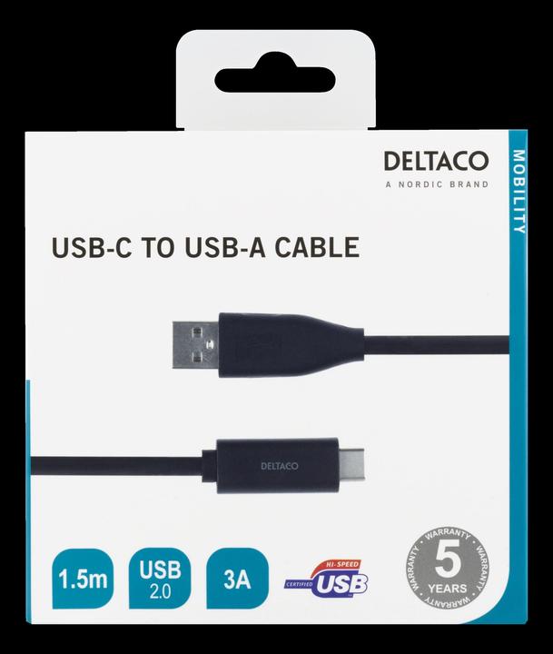 Produktbild Deltaco USB 2.0-Kabel, Typ C - Typ A-Stecker, 1,5 m, schwarz (1.50 m, USB 2.0)