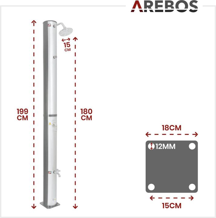 Produktbild Arebos Solardusche mit Bodenplatte 37 L - Anthrazit