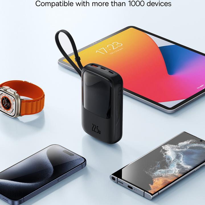 Produktbild Baseus Qpow Pro+ 10000 mAh 22,5 W Powerbank mit integriertem USB-C-Kabel und Display – Schwarz (10000 mAh, 22.50 W, 37 Wh)