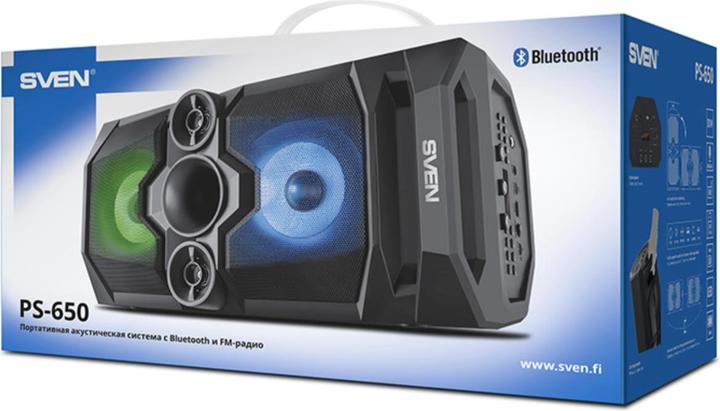 Produktbild Sven Speaker PS-650, juodas, power output 2x25W (RMS), TWS, Bluetooth, FM, USB, Micro SD, LED-displa (10 h, Akkubetrieb)