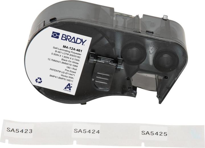 Actual product image Brady M4-124-461, polyester, black on white/transparent, 12.70 x 19.05(41.91) mm, self-laminating