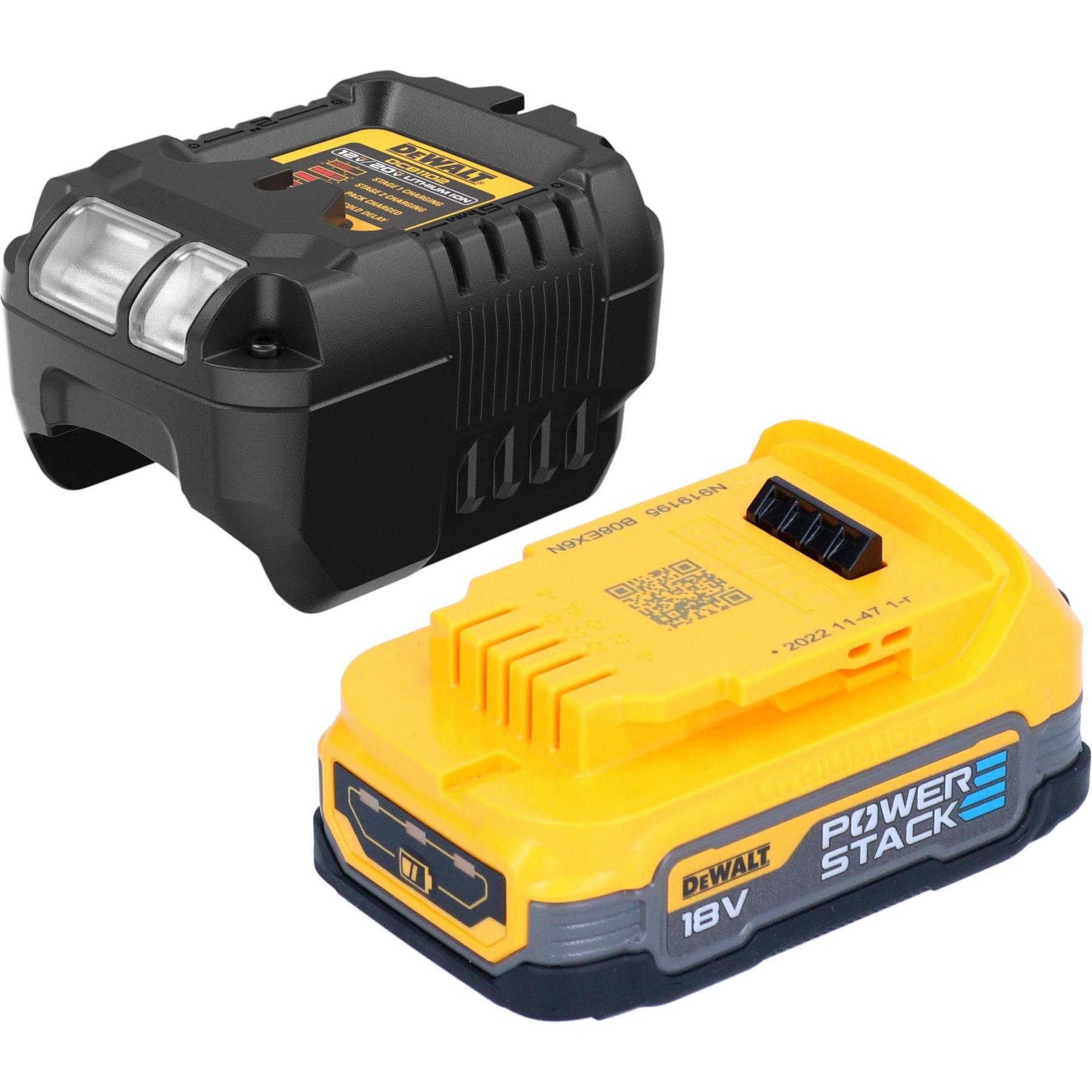 DeWalt, Werkzeugakku + Ladegerät, DCB 1102 E1 Akku Starter Set 18 V mit 1x Powerstack Akku 1,7 Ah + DCB 1102 Ladegerät (...