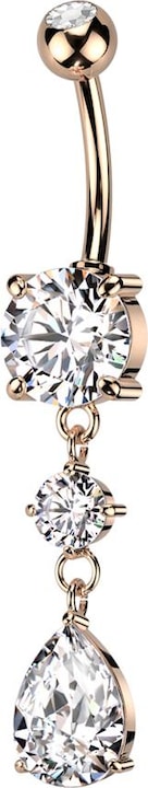 Star Piercing Banane rosegold mit zwei Kugeln Kristall silber Anhänger runder und Tropfen Kristall (Messing, Chirurgenstahl 316L)