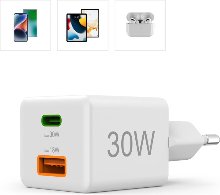 Produktbild Hama Schnellladegerät, 1x USB-C PD, 1x USB-A QC, Mini-Ladegerät, 30 W, Weiss (30 W, 2 Ports)
