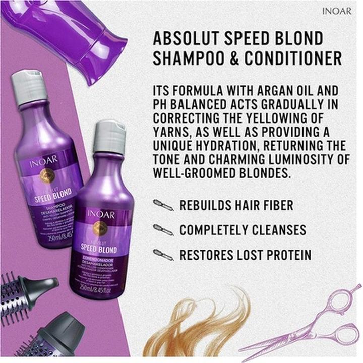 Produktbild Inoar Professional Absolut Speed Blond Shampoo & Conditioner 250ml 8.45oz (250 ml, Flüssiges Shampoo)