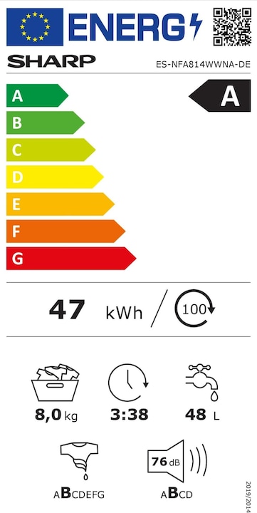Label énergétique Sharp ES-NFA814WWNA-FR (8 kg, Gauche)