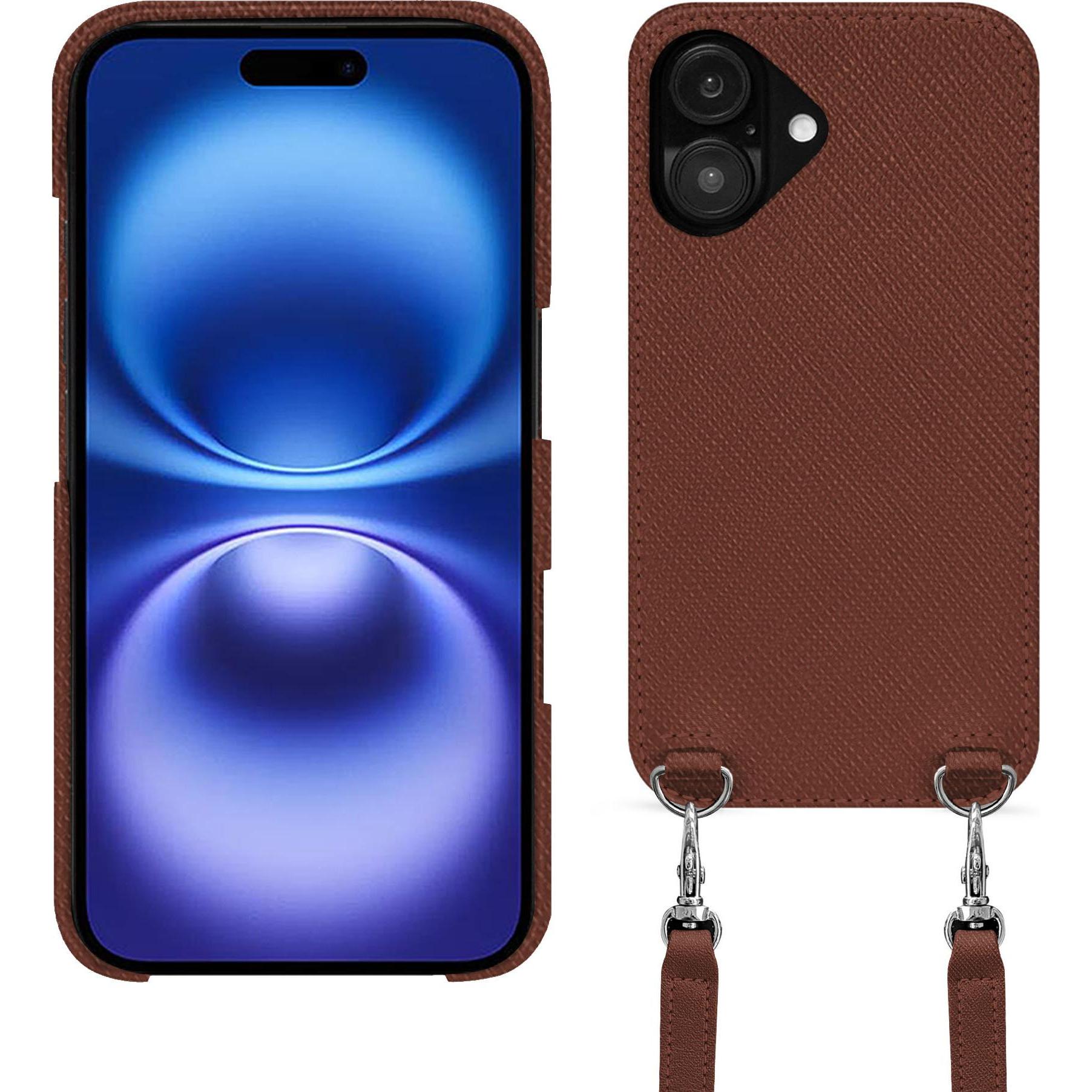 Noreve Schutzhülle mit Schulterriemen Apple iPhone 16 (Apple iPhone 16), Smartphone Hülle, Braun