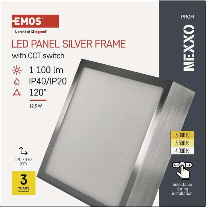 Actual product image Emos Surface-mounted LED light NEXXO, square, silver, 12.5W, with Change CCT (1100 lm)