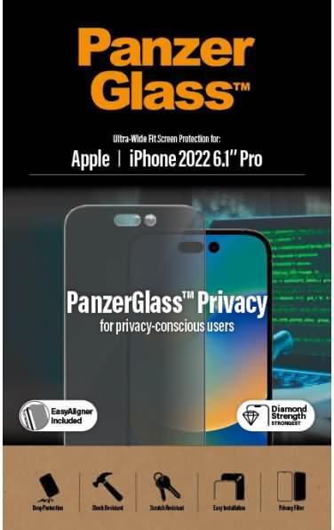 Immagine prodotto PanzerGlass Pellicola protettiva Ultra Wide Fit Privacy iPhone 14 Pro (1 Pezzo/i, Apple iPhone 14 Pro)