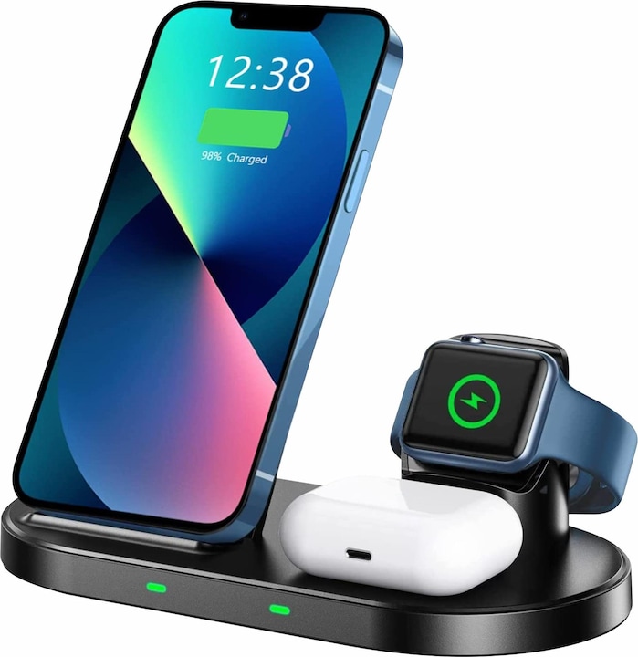 Productafbeelding Swissten Draadloze oplader 3 in 1 standaard zwart voor Apple en Samsung (horlogekabel niet inbegrepen) (15 W)