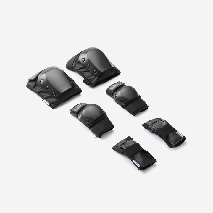 Actual product image Decathlon Set Of 3 Kids' Skateboard Protectors Pad500 - Black (XXS, Elbow protectors, Knee pad, Wrist protectors)