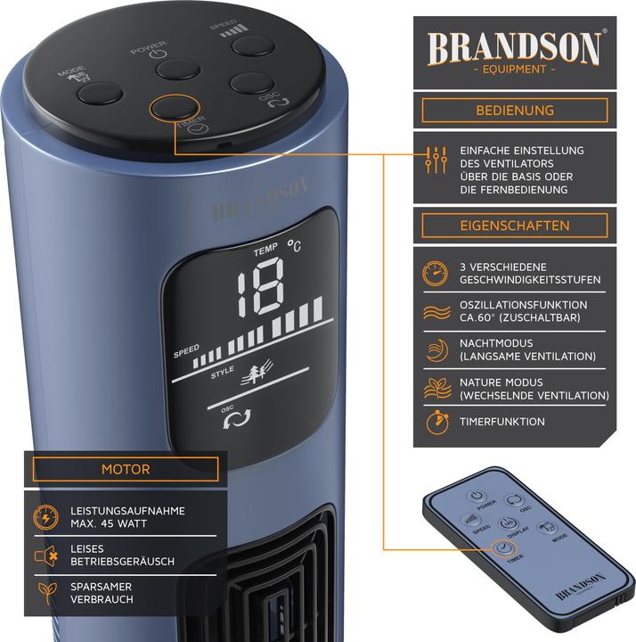 Actual product image Brandson Tower fan, oscillation 65°, timer, remote control, pedestal fan 96cm, blue (48 dB)