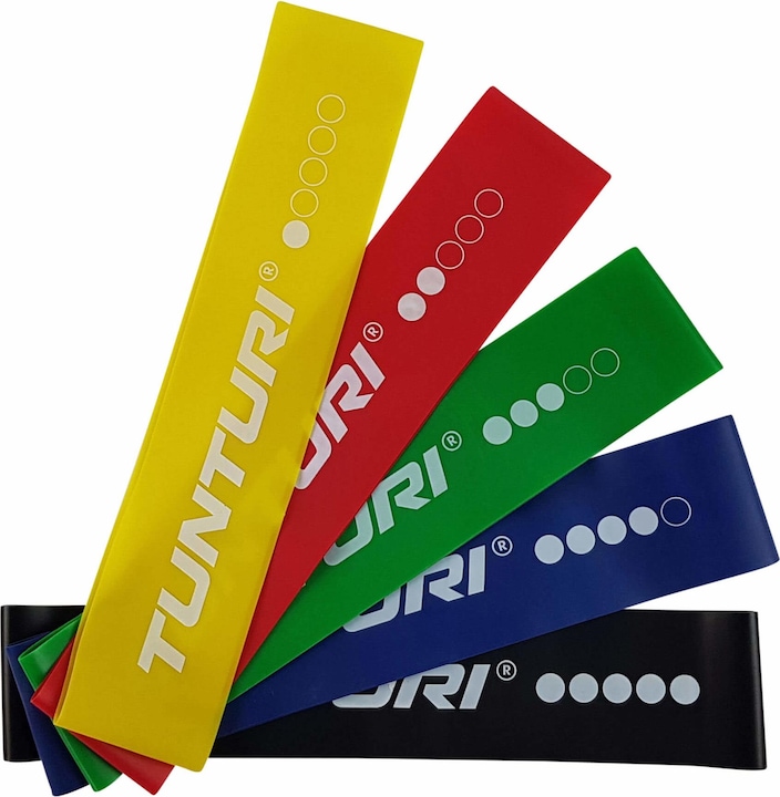 Produktbild Tunturi Mini Resistance Band Set 5 Stück - 5 Gummi Gymnastikbänder mit Netztasche (0.50 m, Extra Leicht, Leicht, Mittel, Stark, Extra Stark)