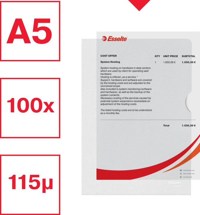 Produktbild Leitz Sichthülle Standard Plus, A5, PP, genarbt, 100 Stück, farblos (A5, 100x)