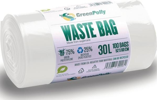 Actual product image GreenPolly Affaldssaekke ® genanvendelige 30 ltr. hvid 11 my - (rulle á 100 stk.)