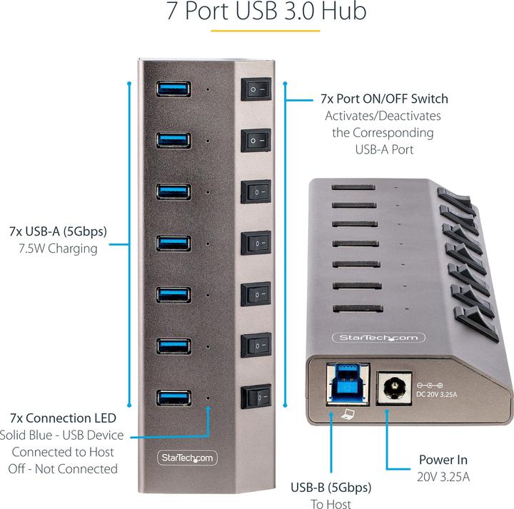 Produktbild StarTech com 7-Port Self-Powered USB-C Hub with Individual On/Off Switches, USB 3.0 5Gbps Expansion (USB-B, 7 Ports)