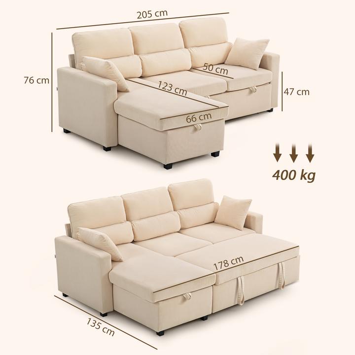 Produktbild Homcom Sofa mit Schlaffunktion Polyester, Stahl Beige (Ecksofa)