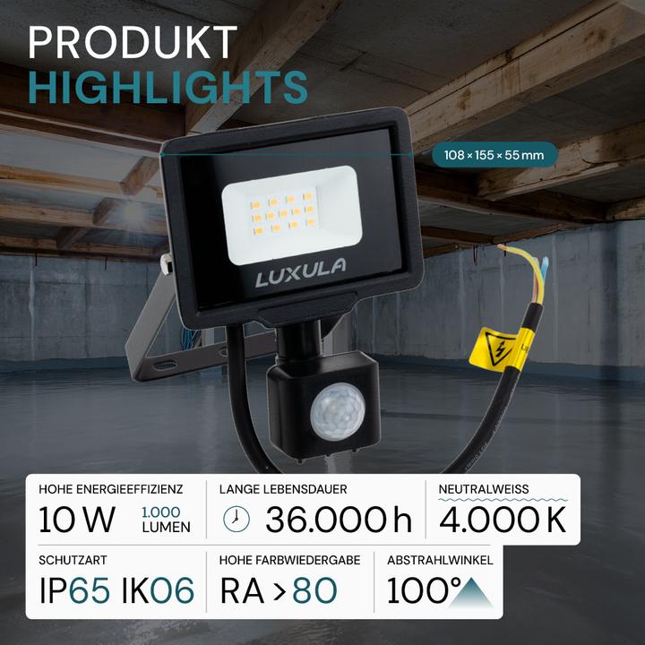 Actual product image Luxula LED floodlight with motion detector, EEK: F, 10W, 1000lm, 4000K, black (1000 lm, E10, IP65)