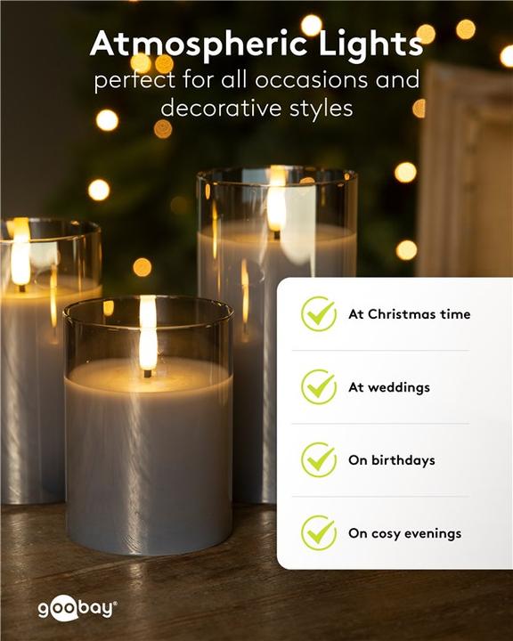 Actual product image Goobay 3er-Set LED-Echtwachs-Kerzen im Glas, grau-transparent (3 x)