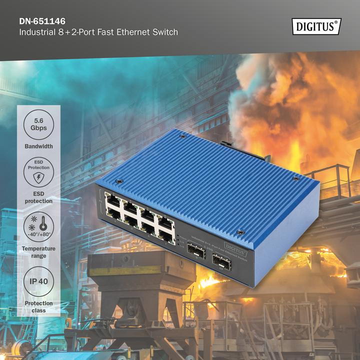 Immagine prodotto Digitus Switch Fast Ethernet industriale a 8+2 porte (8 porte)