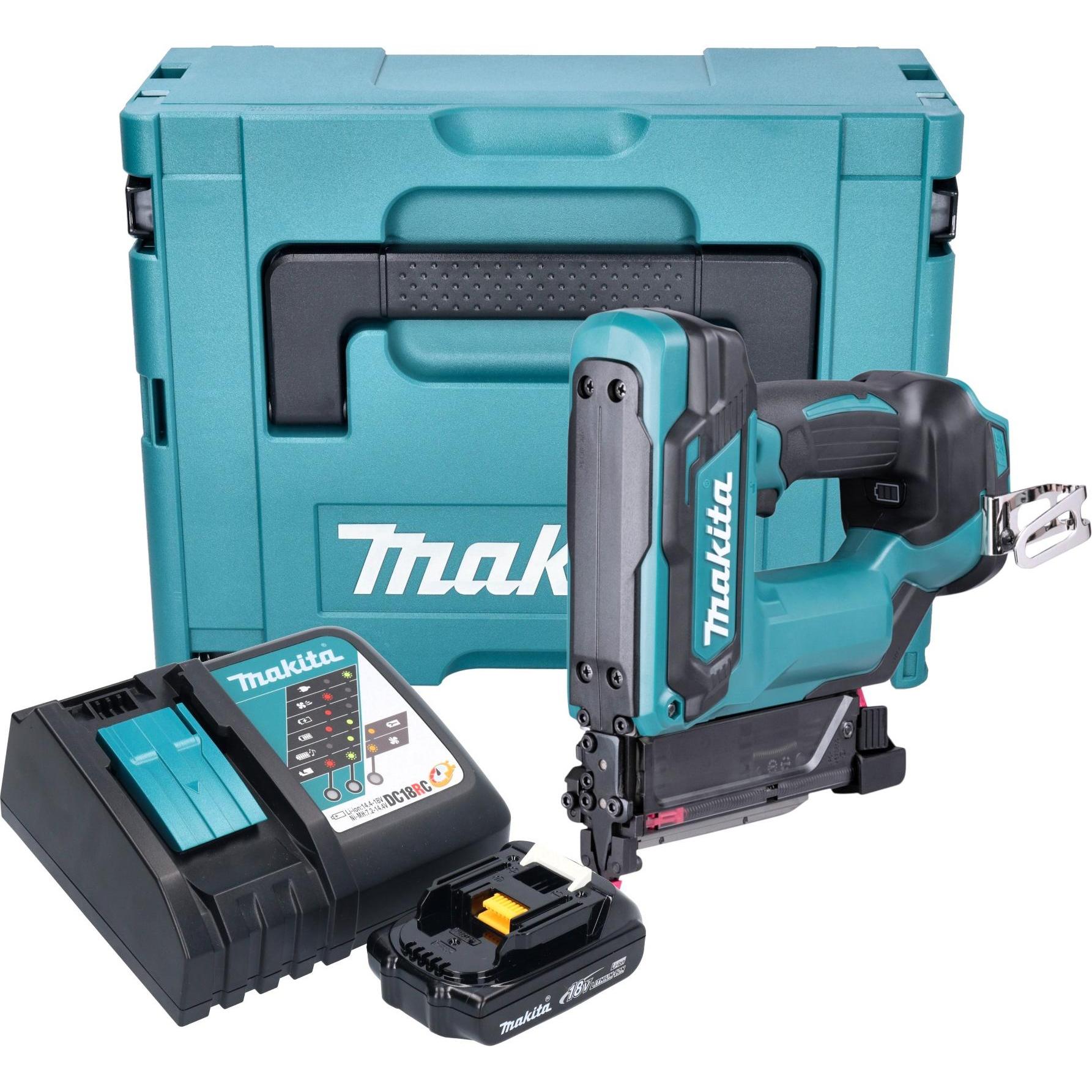 Makita, Graffettatrice + Pistola sparachiodi, DPT 353 RY1J 18 V Li-Ion batteria pin tacker in Makpac + 1 x 1,5 Ah batteria + caricabatterie