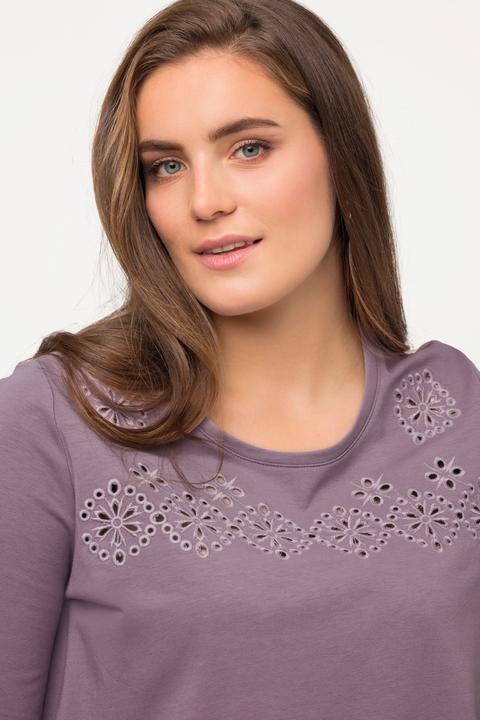 Immagine prodotto Ulla Popken T-shirt in cotone biologico con ricami traforati, scollo a girocollo e mezze maniche (46, 48)