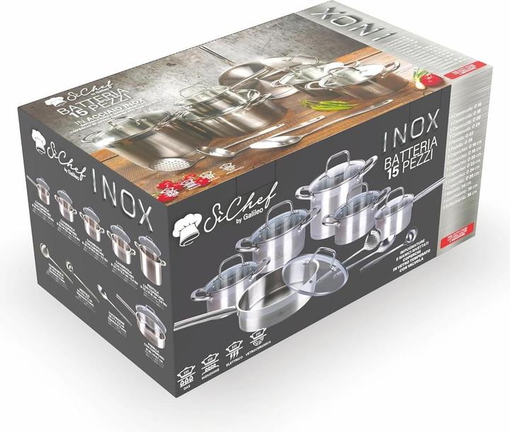Produktbild Galileo SiChef 15Piece Cookware Set Stainless Steel 180 Induction Stainless Steel (Bratpfanne, Kochtopf, Edelstahl, 16 x 8.50 cm)