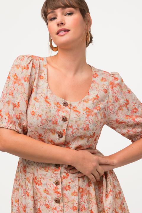 Immagine prodotto Ulla Popken Abito in misto lino in stile Tracht con fiori, scollo a girocollo e mezze maniche (46)