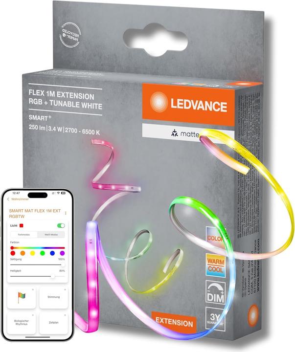 Produktbild Ledvance Flexible, erweiterbare LED-Strips mit RGB-Farbsteuerung und dimmbarem Weisslicht (RGB, 100 cm, Indoor)
