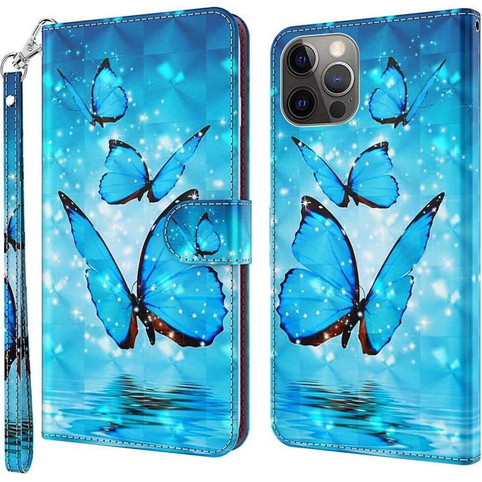 Cover-Discount iPhone 14 Pro - Etui Glitzer Effekt Schmetterling blau (Apple iPhone 14 Pro), Smartphone Hülle, Blau
