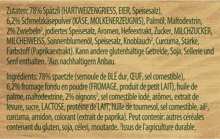 Valeurs nutritives et ingrédients Knorr Lunch du chalet Spätzli au fromage sachet, fromage crémeux, délicieux spätzli & jambon, plat cuisiné (180 g)