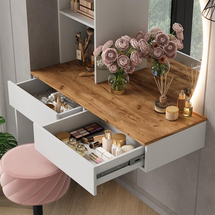 Actual product image Vichy Schminktisch Melora, Weiss/Eiche, 100 cm mit LED-Spiegel