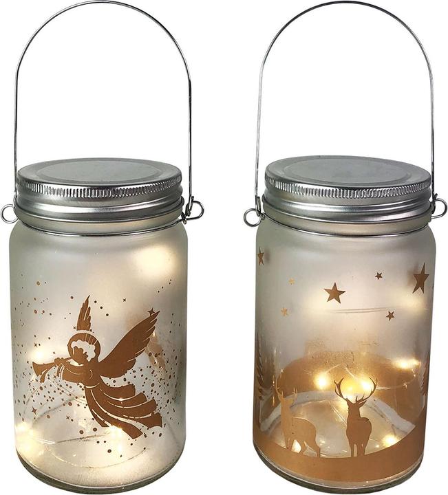Mojawo 2pcs Preserving Jar with LED Fairy Lights Christmas Motif Ø8 x14cm