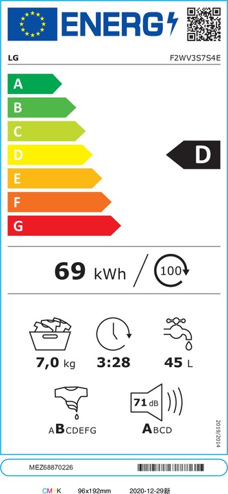 Energie-Label LG F2WV3S7S4E Slim AI DDTM SteamTM 7kg Waschmaschine Energieklasse D (7 kg, Links)