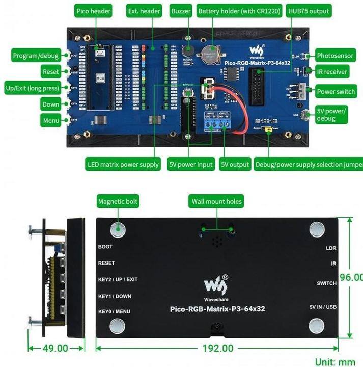 Image du produit WaveShare Horloge numérique à matrice RGB pour Rasperry Pi Pico 64x32