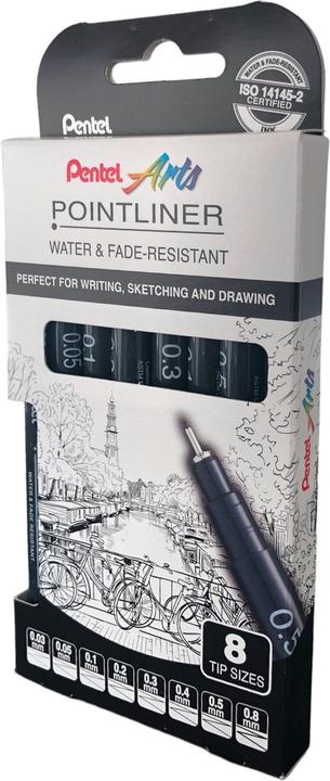 Produktbild Pentel Fineliner POINTLINER Pigment 8er Set schwarz (Schwarz, 8x)