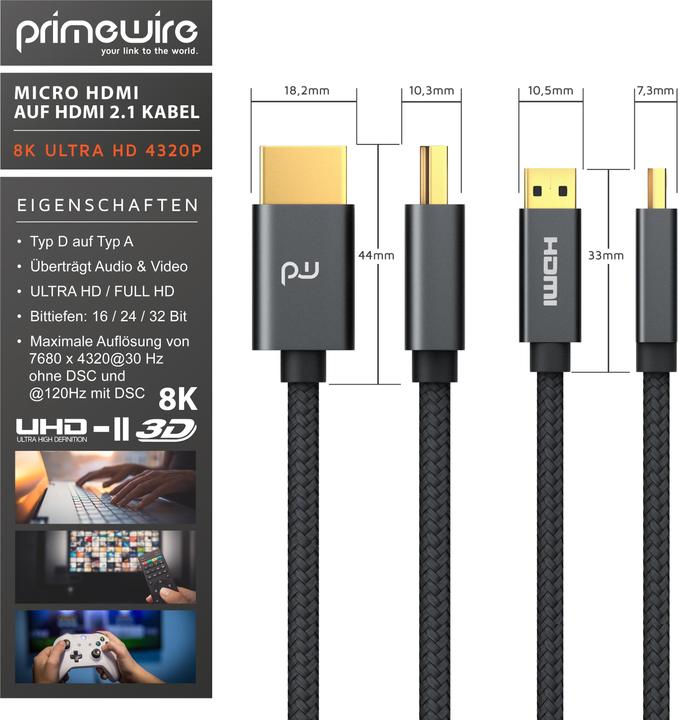 Immagine prodotto Primewire Micro HDMI – HDMI (3 m, HDMI, 2.1)