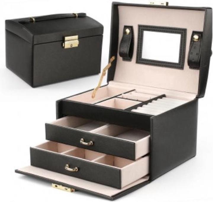 Image du produit Stenberg Boîte à bijoux noire avec 2 tiroirs et miroir - rangement verrouillable pour bagues, bracelets et