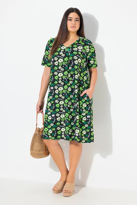 Produktbild Ulla Popken Jerseykleid, Blüten, A-Linie, V-Ausschnitt, Halbarm (42, 44)