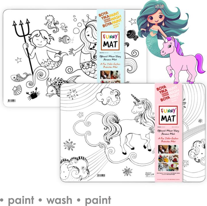 Actual product image Funny Mat Set of reusable colouring pages mermaid and unicorn, 2 pcs.