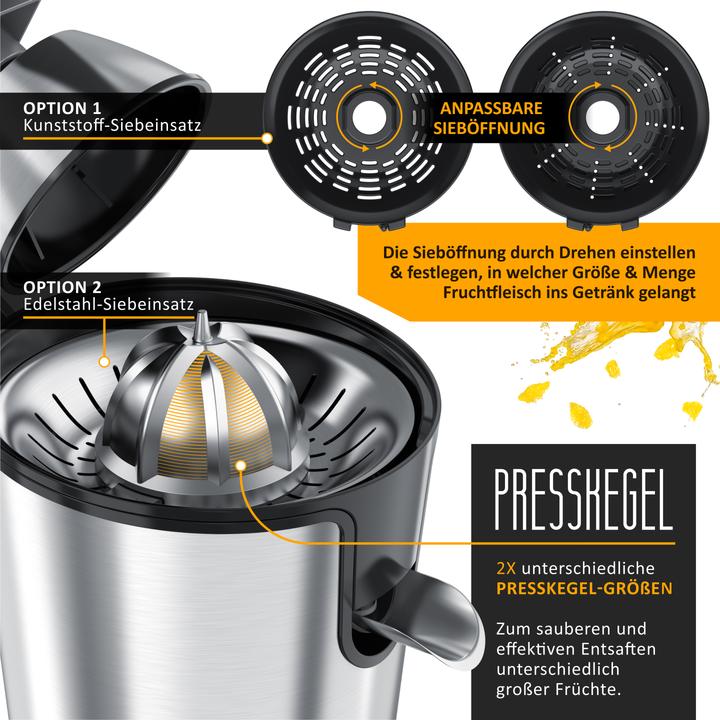 Produktbild Arendo Entsafter Saftpresse elektrisch, Edelstahlkegel, 1000 W, 0,45 L Behälter, 2 Presskegel, BPA frei