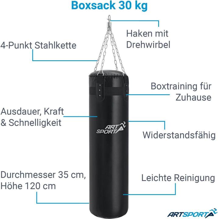 Image du produit Juskys Sac de frappe avec chaîne en acier et mousqueton (30 kg)