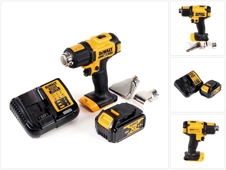 1x DeWalt DCE 530 N Akku Heissluftpistole 18V, 1x Flächendüse, 1x Reflektordüse, 1x Akku 4,0Ah, 1x Ladegerät