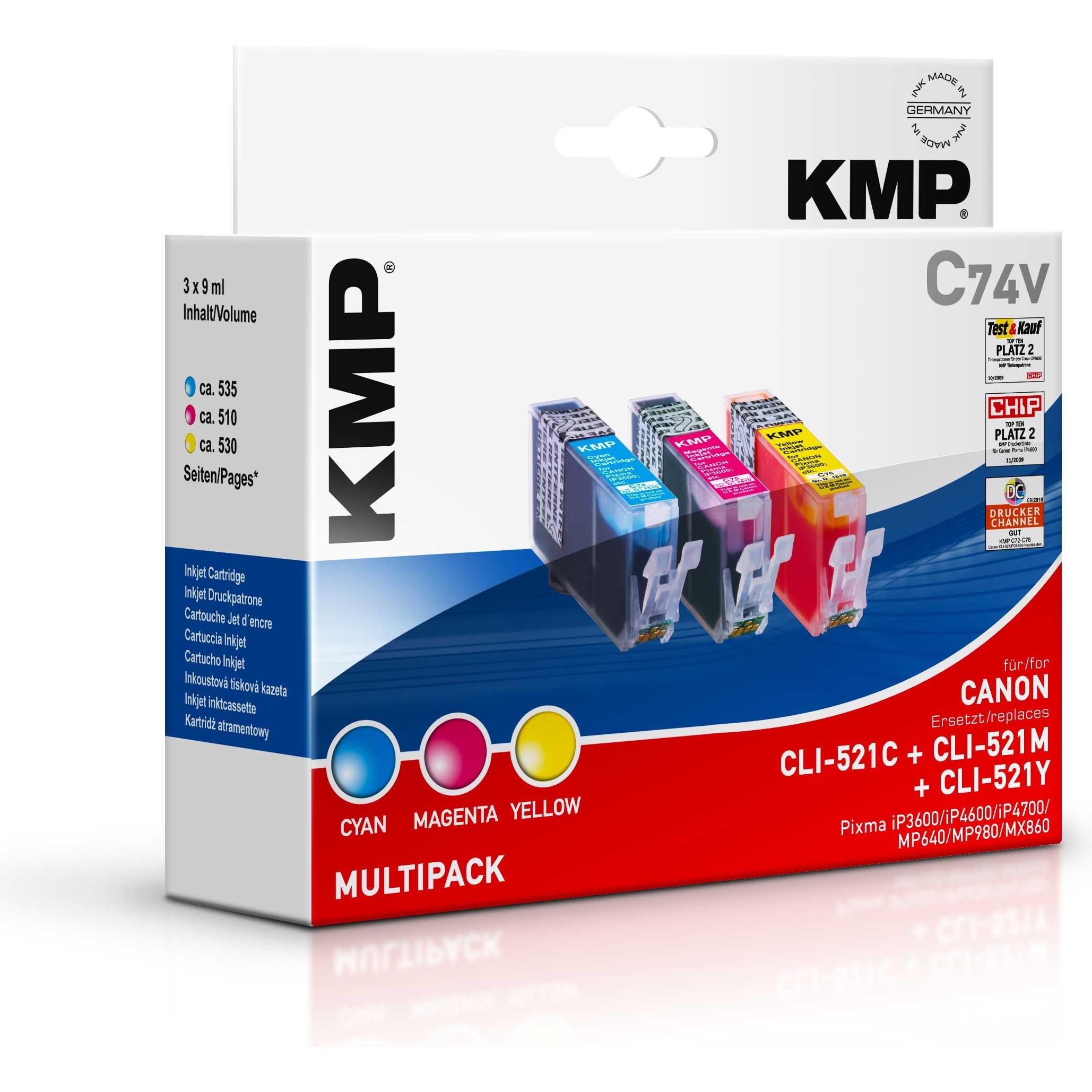 KMP, Druckerpatrone, C74V Vorteilspack C/M/Y kompatibel mit Canon CLI-521 (M, C, Y)