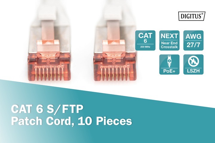 Productafbeelding Digitus CAT 6 S-FTP patchkabel Cu LSZH AWG 27/7 Lang 0,5 m 10 stuks Kleur Grijs (S/FTP, CAT6, 0.50 m)