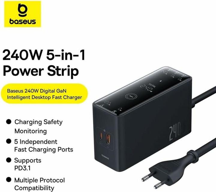 Produktbild Baseus Digital Charger GaN, 3x USB-C + USB + DC, 240W + cable1m (black) (240 W)