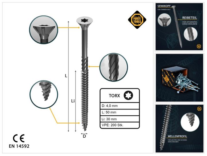 Forte tools CHIPBOARD SCR T20 4.0X50/30 WHITE ZN(200 (200 Screws per piece)