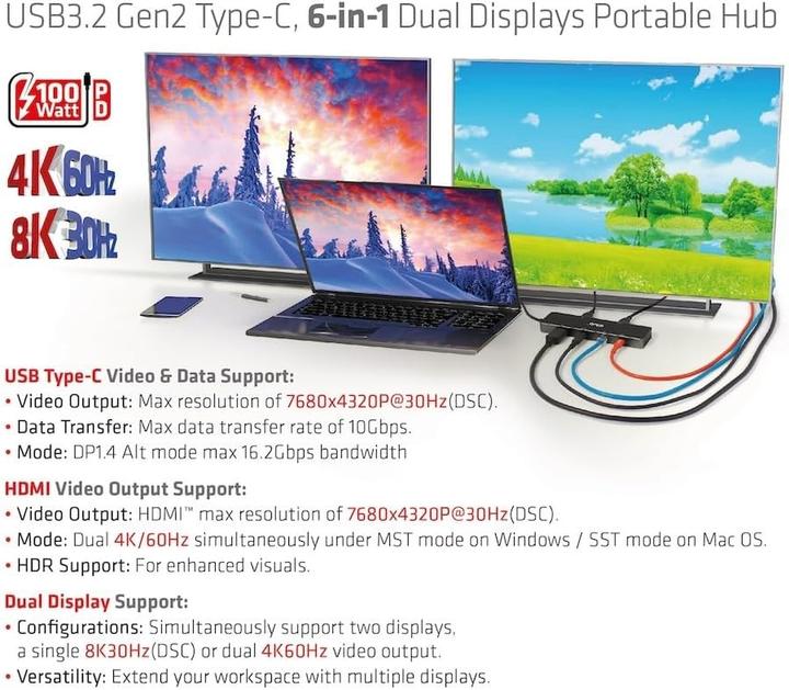 Actual product image Club 3D Club3D USB-C Dock > HDMI/USB-C(8K)/2xUSB/USB-C(PD100W)/RJ45 retail (USB-C, 6 ports)